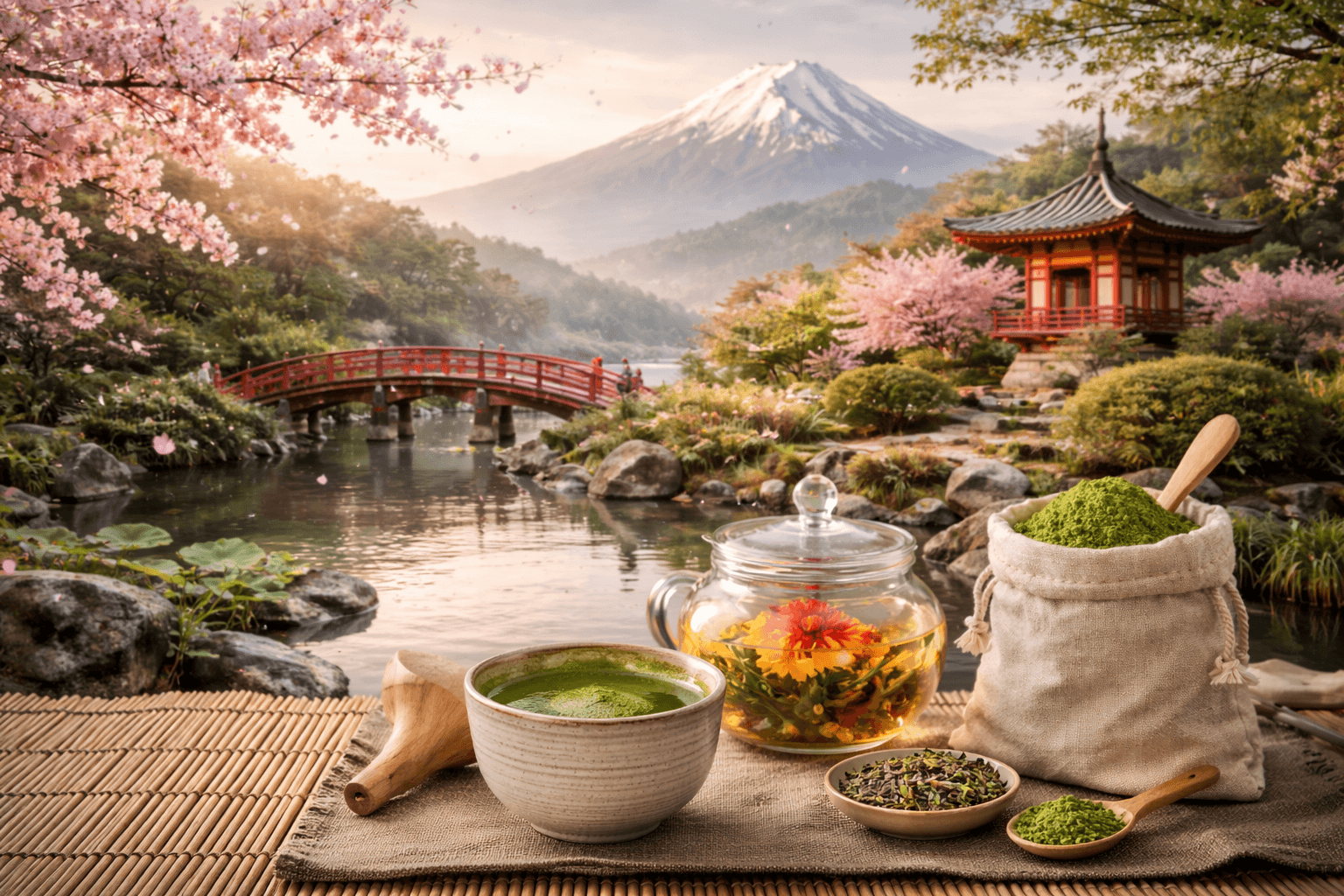 Krajobraz Japonii - góra Fuji i ogród herbaciany